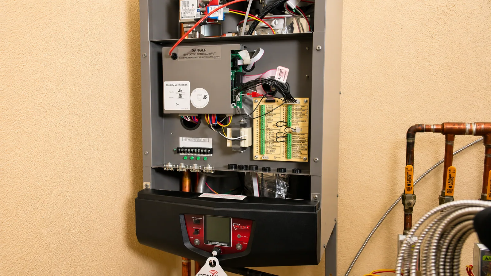 Open wall-mounted boiler cabinet showing the control board and diagnostic display during a repair