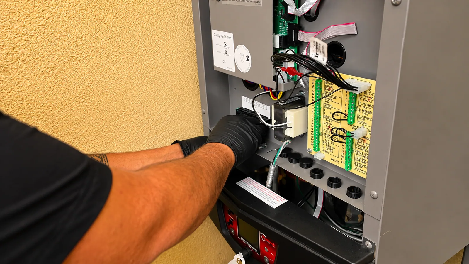 EP Plumbing, Heating & Air technician reaching into an open boiler cabinet to repair the control board